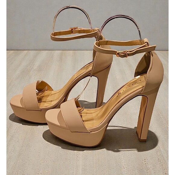 Shoes - Nude Chunky Heel Platform Sandals With Ankle Strap  Womens Nubuck Material